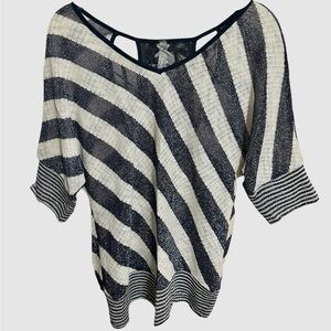 Vanity Navy Metallic and White Striped Dolma Style Knit Top-  NWOT Size L